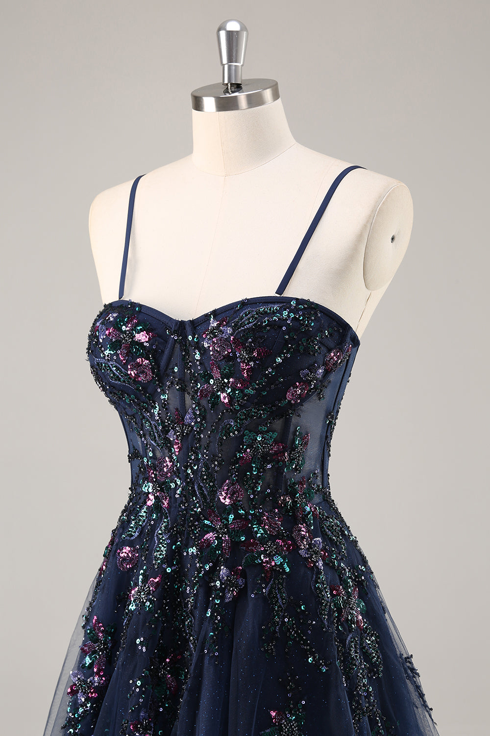 Navy A Line Strapless Sequins Tulle Corset Long Prom Dress With Slit