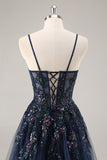 Navy A Line Strapless Sequins Tulle Corset Long Prom Dress With Slit