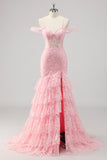 Cold Shoulder Corset Mermaid Pink Prom Dress with Slit