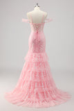 Cold Shoulder Corset Mermaid Pink Prom Dress with Slit