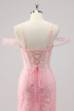 Cold Shoulder Corset Mermaid Pink Prom Dress with Slit