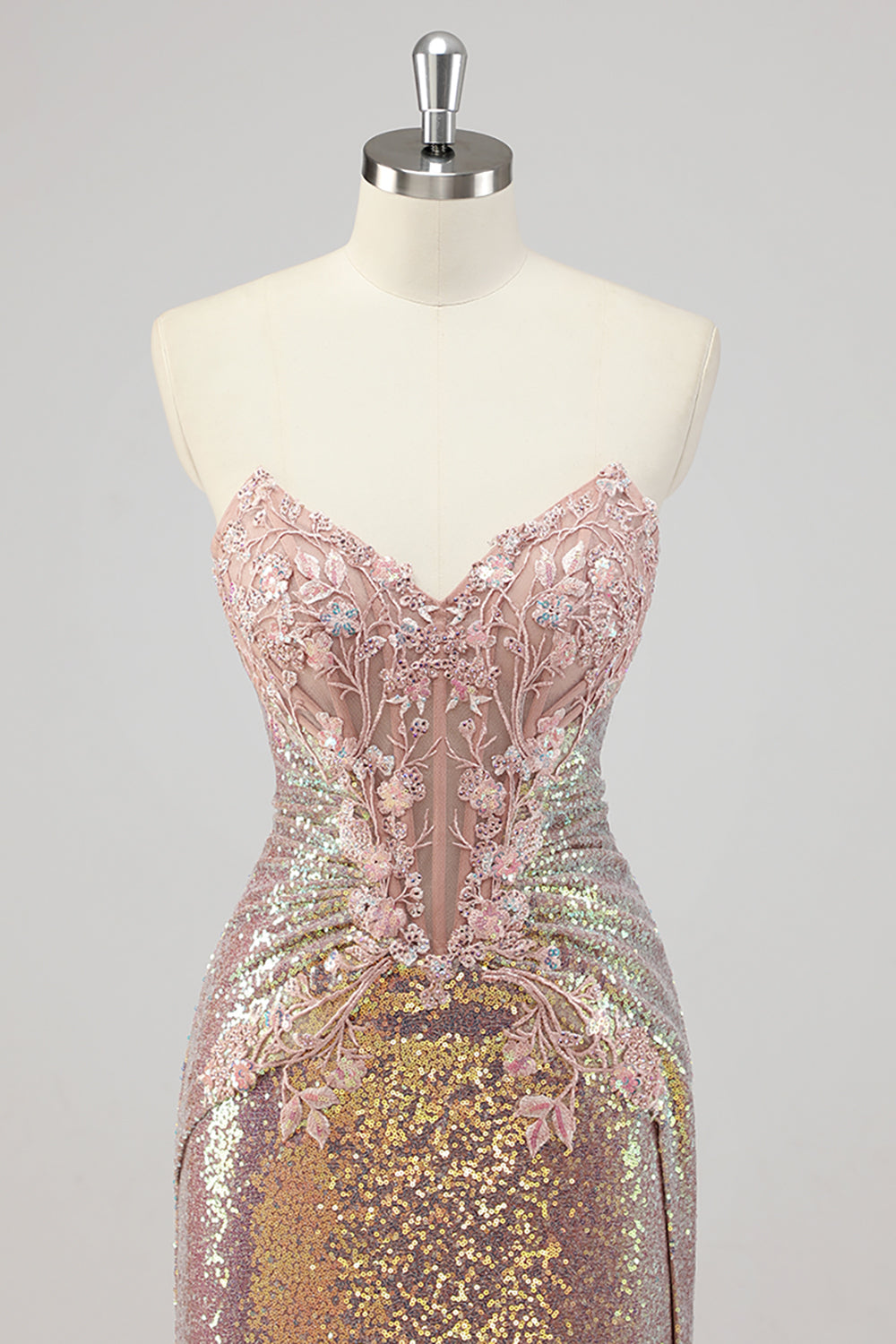 Strapless Mermaid Blush Corset Sequin Prom Dress