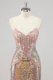 Strapless Mermaid Blush Corset Sequin Prom Dress