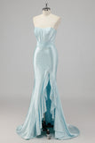 Strapless Mermaid Beaded Blue Prom Dress with Slit