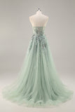 Navy A Line Strapless Sequins Tulle Corset Long Prom Dress With Slit