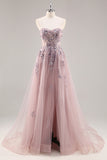 Navy A Line Strapless Sequins Tulle Corset Long Prom Dress With Slit
