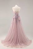 Navy A Line Strapless Sequins Tulle Corset Long Prom Dress With Slit