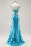 Mermaid Satin Corset Blue Prom Dress with Beadings
