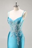 Mermaid Satin Corset Blue Prom Dress with Beadings