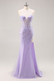 Lilac Strapless Corset Prom Dress with Detachable Overlay