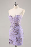 Strapless Beaded Bodycon Purple Homecoming Dress with Appliques
