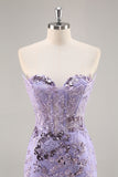 Strapless Beaded Bodycon Purple Homecoming Dress with Appliques