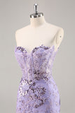 Strapless Beaded Bodycon Purple Homecoming Dress with Appliques
