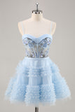 Blue Beaded A Line Corset Homecoming Dress