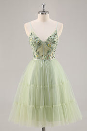 Green Applique Corset A Line Homecoming Dress