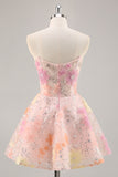 Sparkly Strapless Corset Sequins Pink Homecoming Dress with Appliques