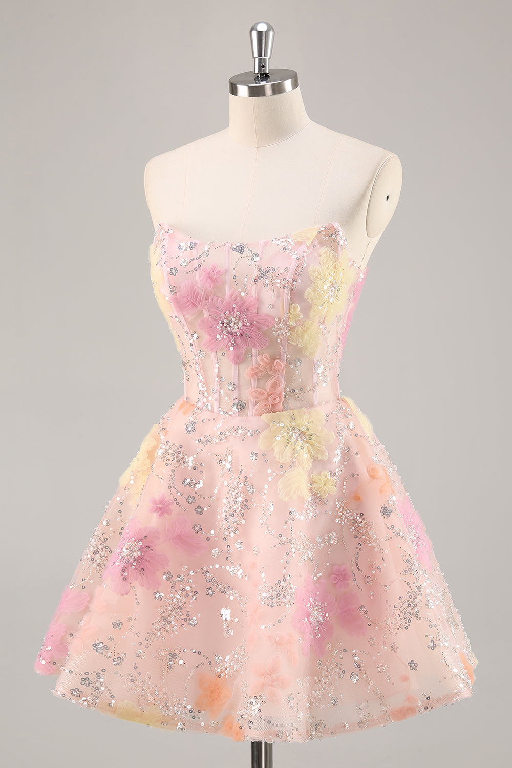 Floral Corset Sequin Strapless Pink Homecoming Dress