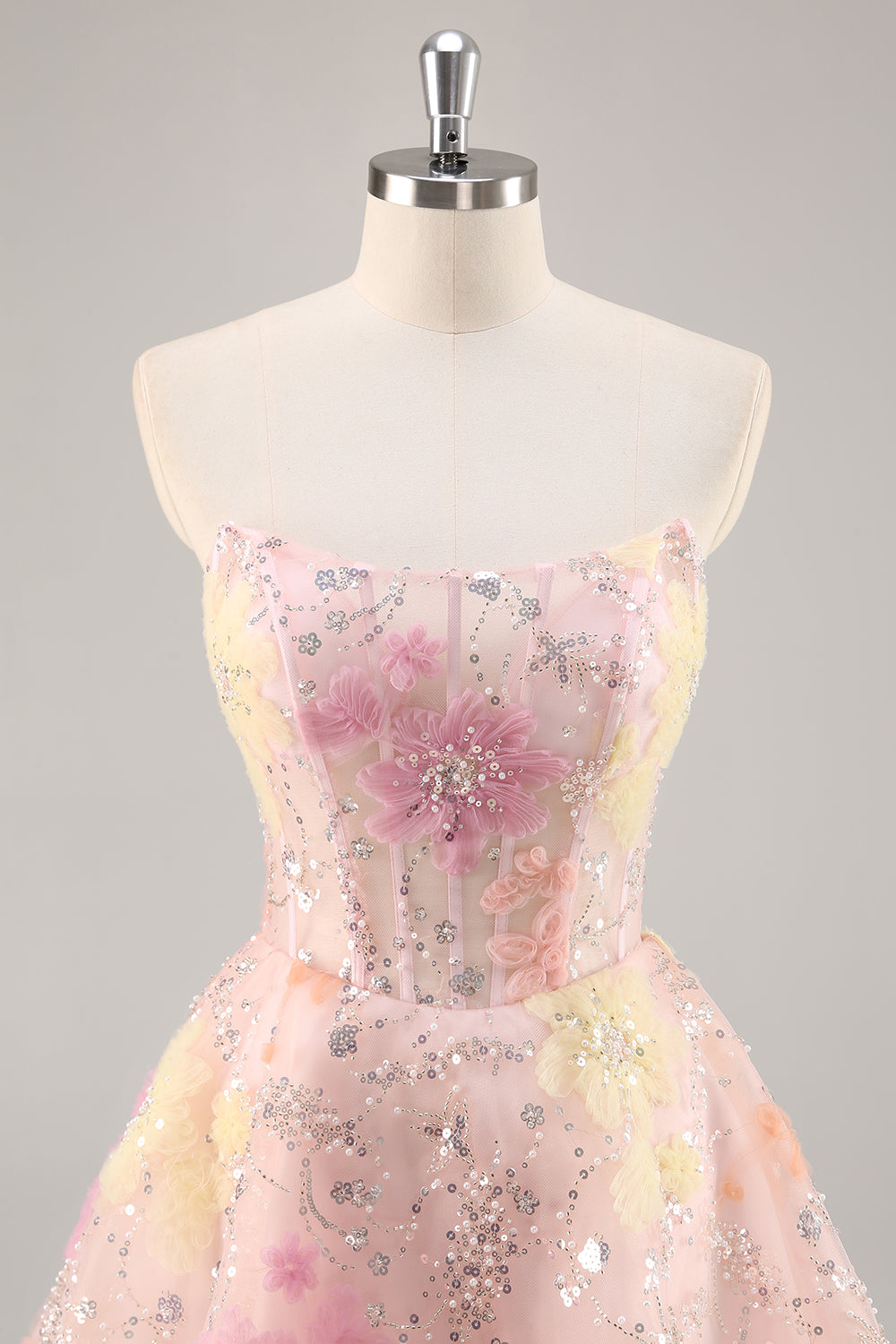 Floral Corset Sequin Strapless Pink Homecoming Dress