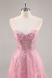 Sparkly Pink Corset A Line Long Prom Dress