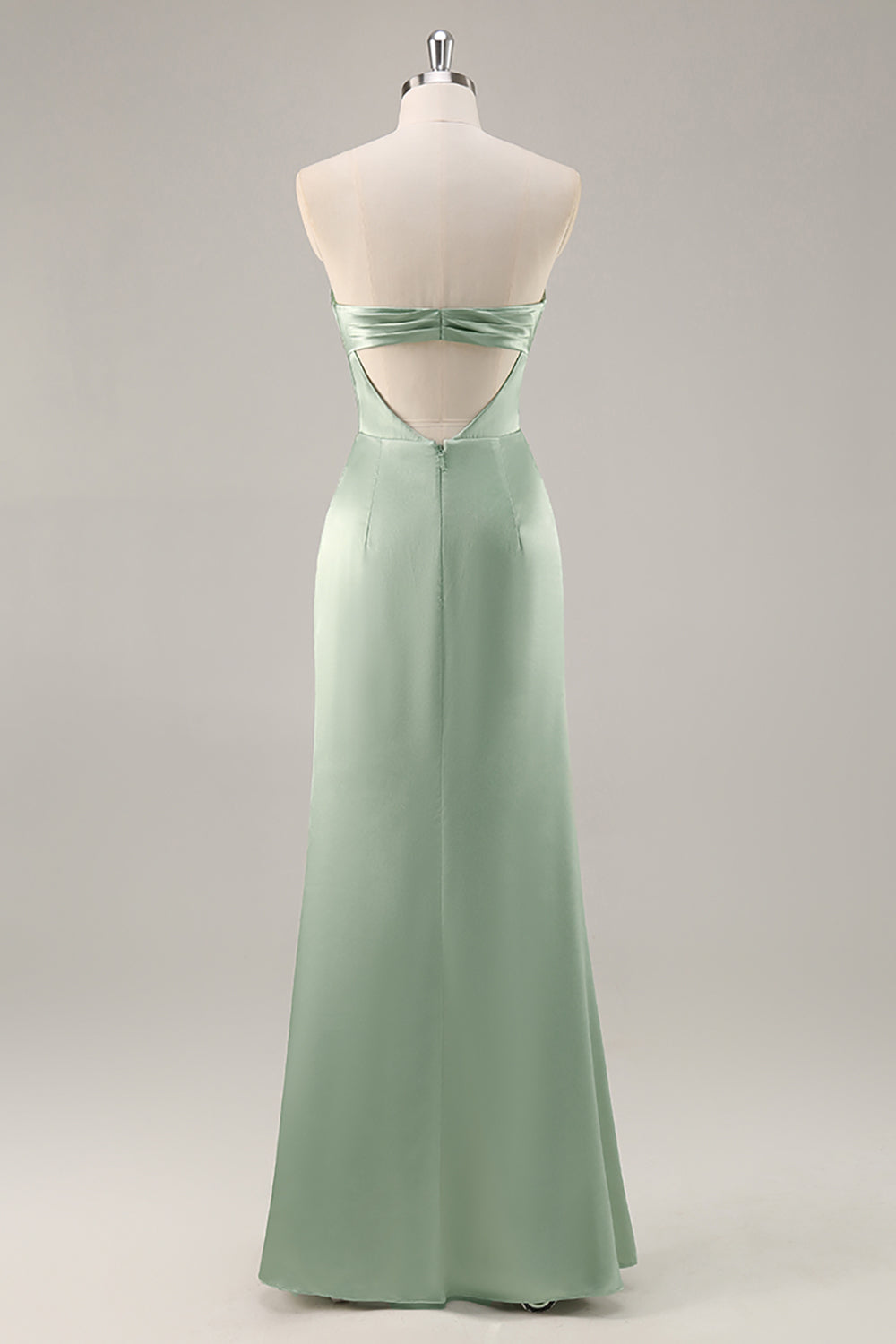 Sage Green Satin Strapless Long Bridesmaid Dress with Slit