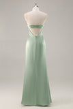 Sage Green Satin Strapless Long Bridesmaid Dress with Slit