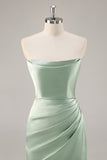 Sage Green Satin Strapless Long Bridesmaid Dress with Slit
