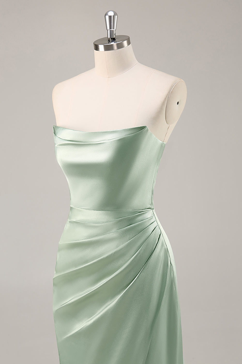 Sage Green Satin Strapless Long Bridesmaid Dress with Slit