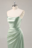 Sage Green Satin Strapless Long Bridesmaid Dress with Slit