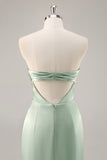 Sage Green Satin Strapless Long Bridesmaid Dress with Slit