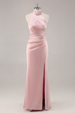 Sage Green High Neck Satin Sheath Ruched Long Bridesmaid Dress with Slit