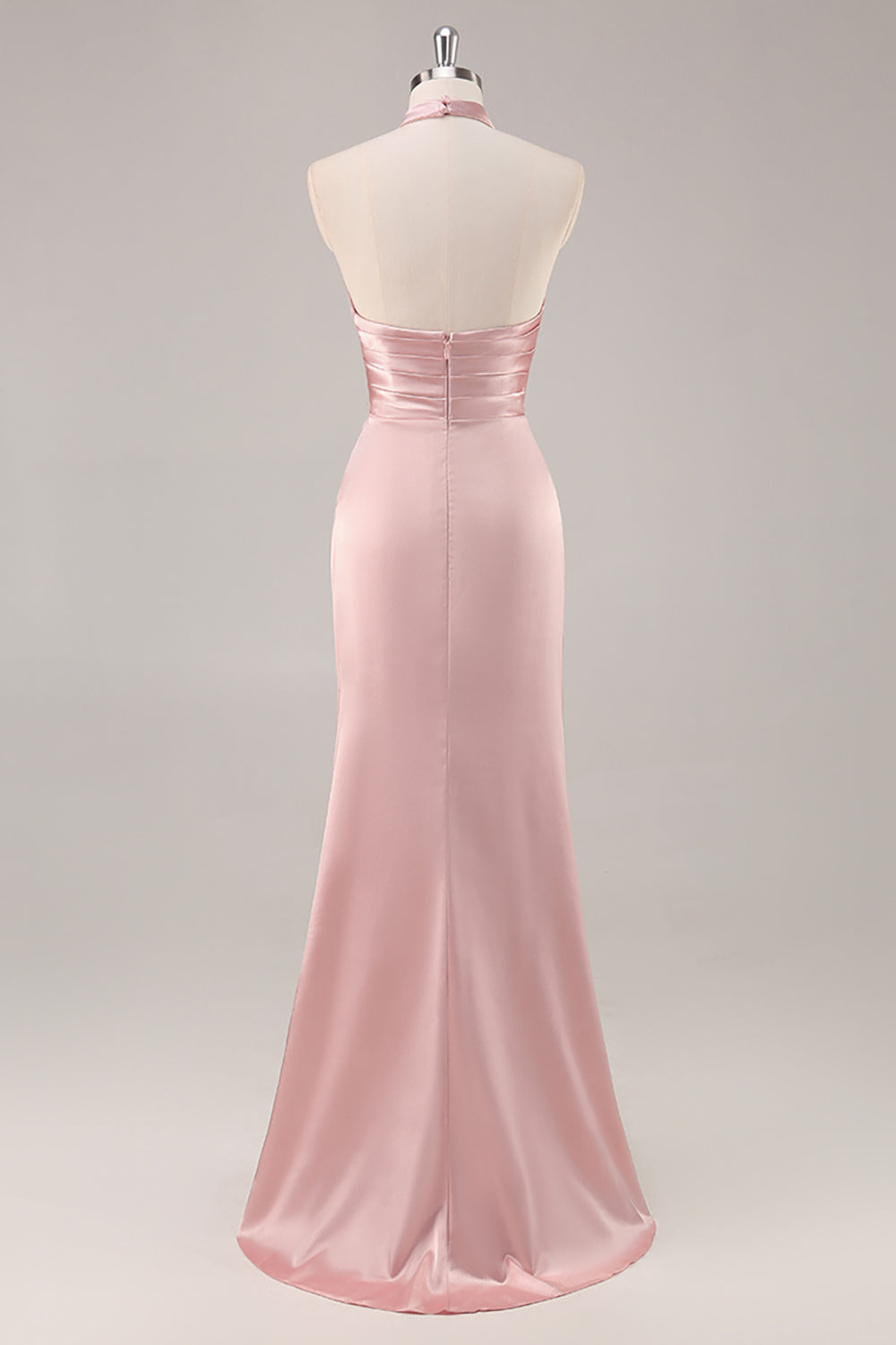 Sage Green High Neck Satin Sheath Ruched Long Bridesmaid Dress with Slit