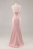 Blush High Neck Satin Ruched Long Bridesmaid Dress with Slit