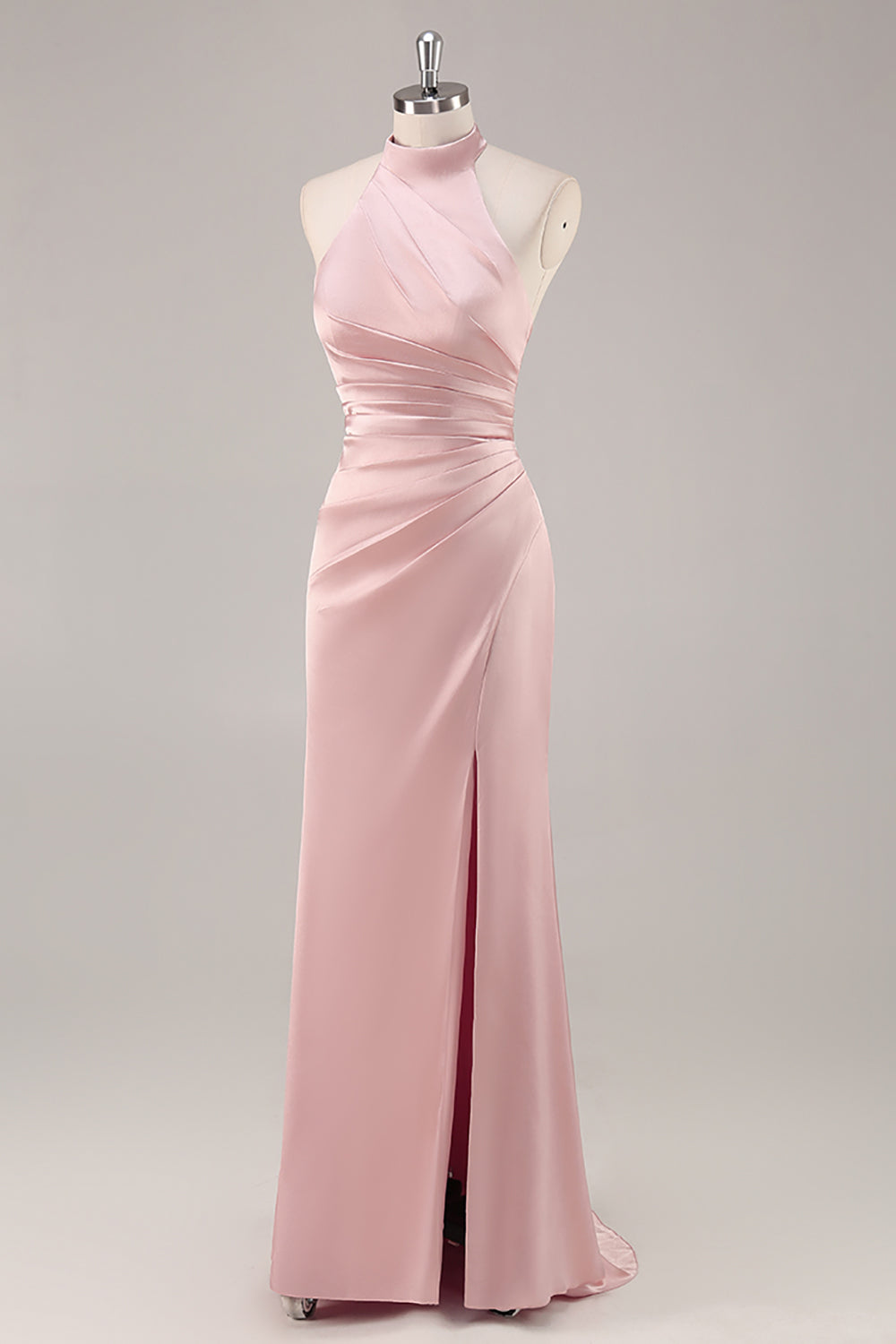 Sage Green High Neck Satin Sheath Ruched Long Bridesmaid Dress with Slit