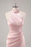 Sage Green High Neck Satin Sheath Ruched Long Bridesmaid Dress with Slit