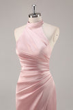 Sage Green High Neck Satin Sheath Ruched Long Bridesmaid Dress with Slit