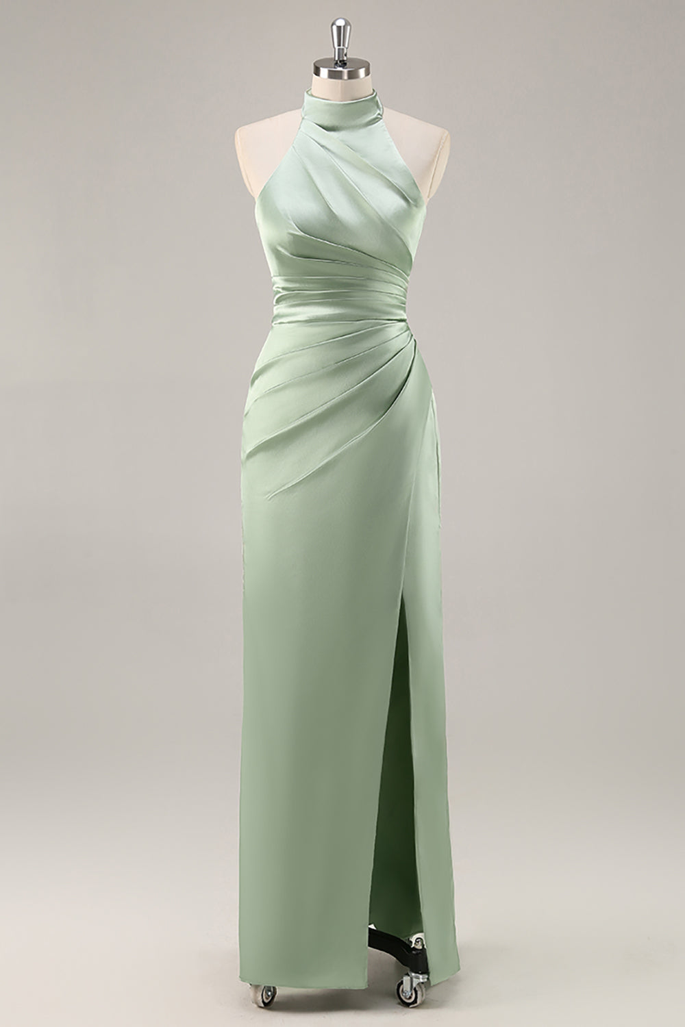 Blush High Neck Satin Ruched Long Bridesmaid Dress with Slit