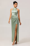 Sage Green High Neck Satin Sheath Ruched Long Bridesmaid Dress with Slit