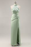 Blush High Neck Satin Ruched Long Bridesmaid Dress with Slit