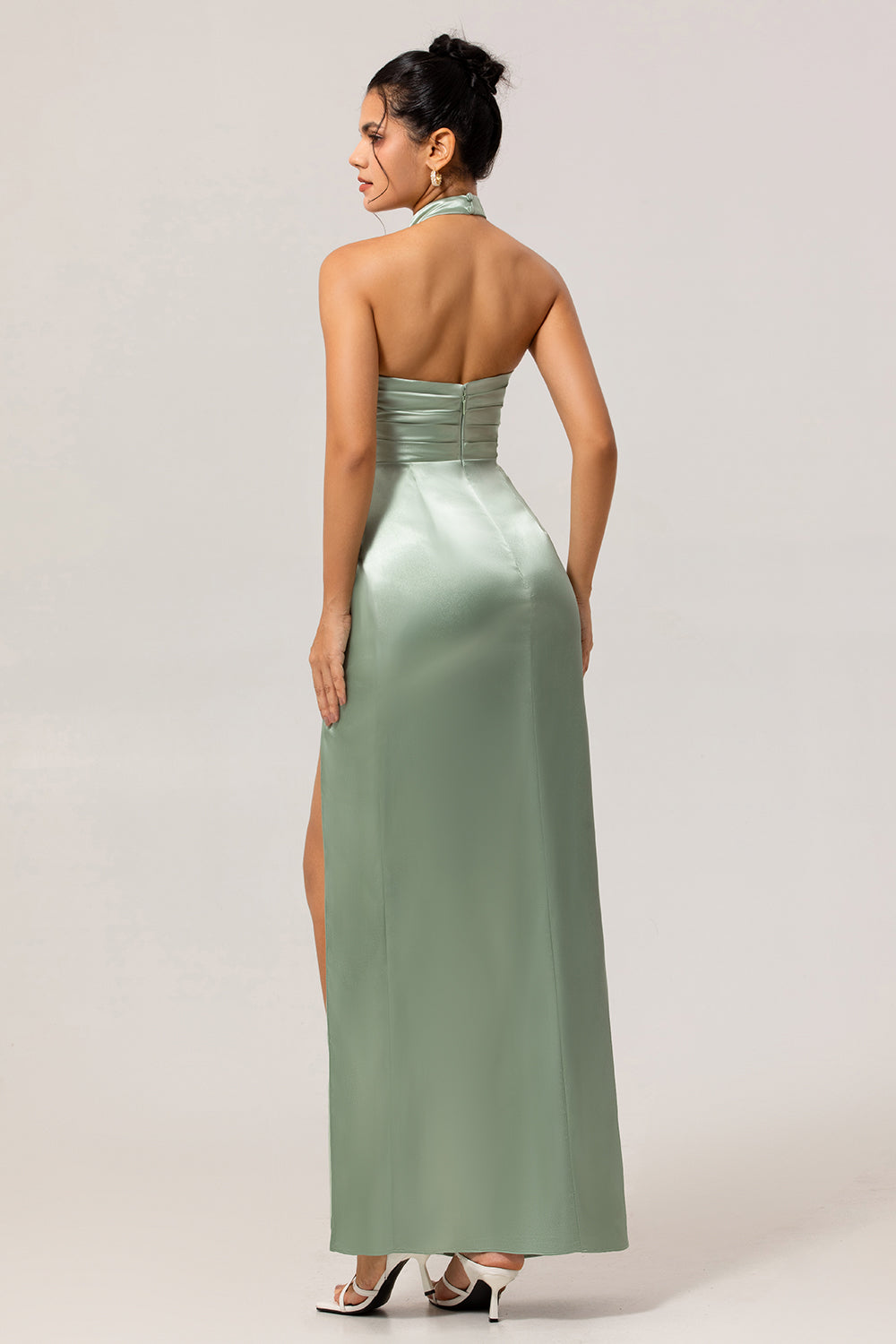 Sage Green High Neck Satin Sheath Ruched Long Bridesmaid Dress with Slit
