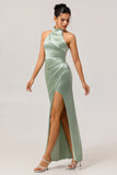 Sage Green High Neck Satin Sheath Ruched Long Bridesmaid Dress with Slit
