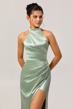 Sage Green High Neck Satin Sheath Ruched Long Bridesmaid Dress with Slit