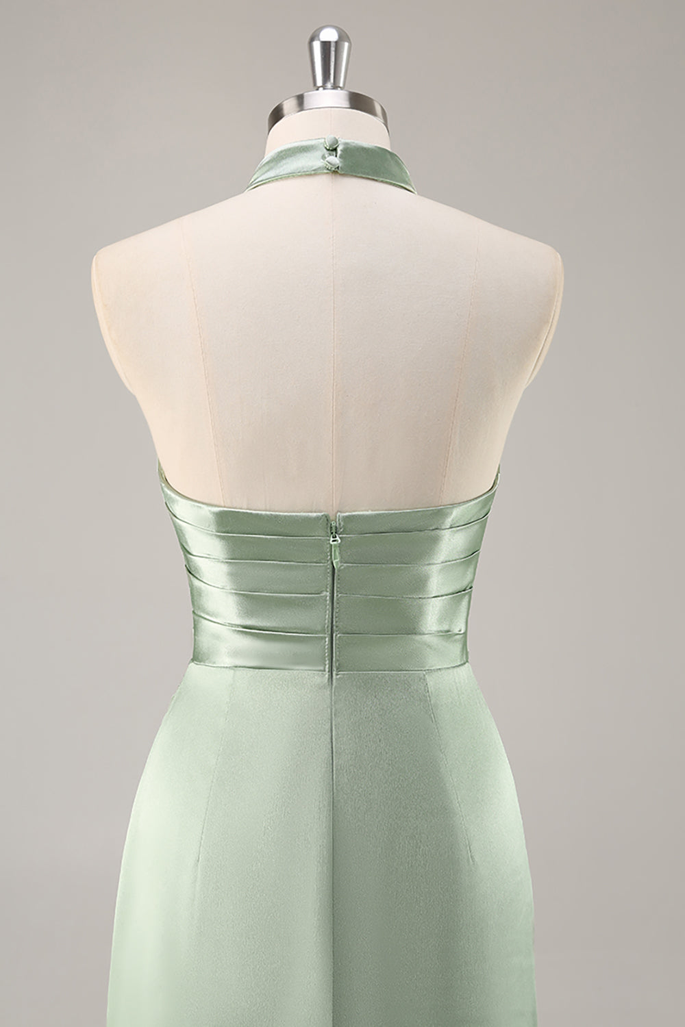 Blush High Neck Satin Ruched Long Bridesmaid Dress with Slit