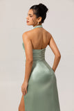 Sage Green High Neck Satin Sheath Ruched Long Bridesmaid Dress with Slit