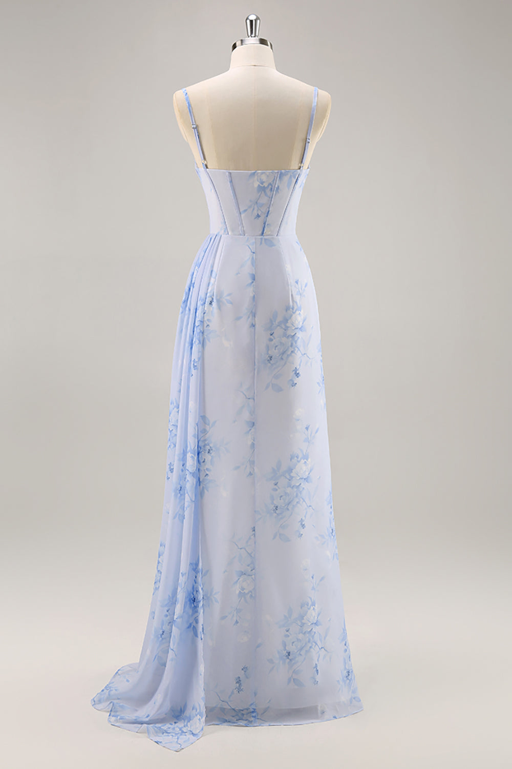 Blue Floral Mermaid Corset Long Bridesmaid Dress with Slit