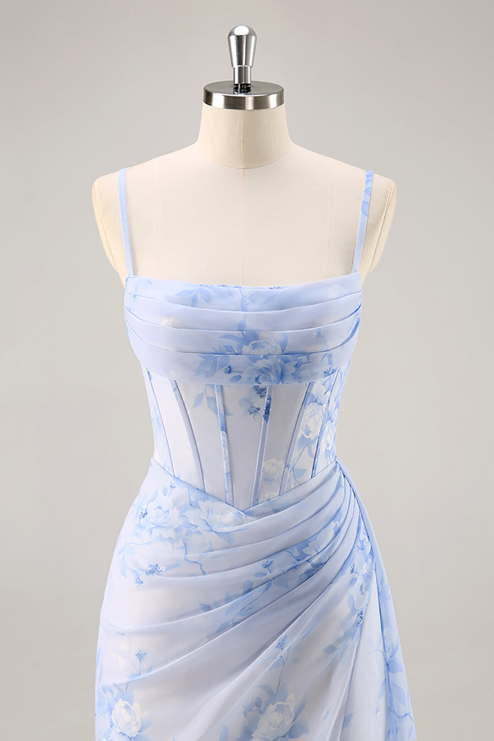 Blue Floral Mermaid Corset Long Bridesmaid Dress with Slit