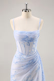 Blue Floral Mermaid Corset Long Bridesmaid Dress with Slit