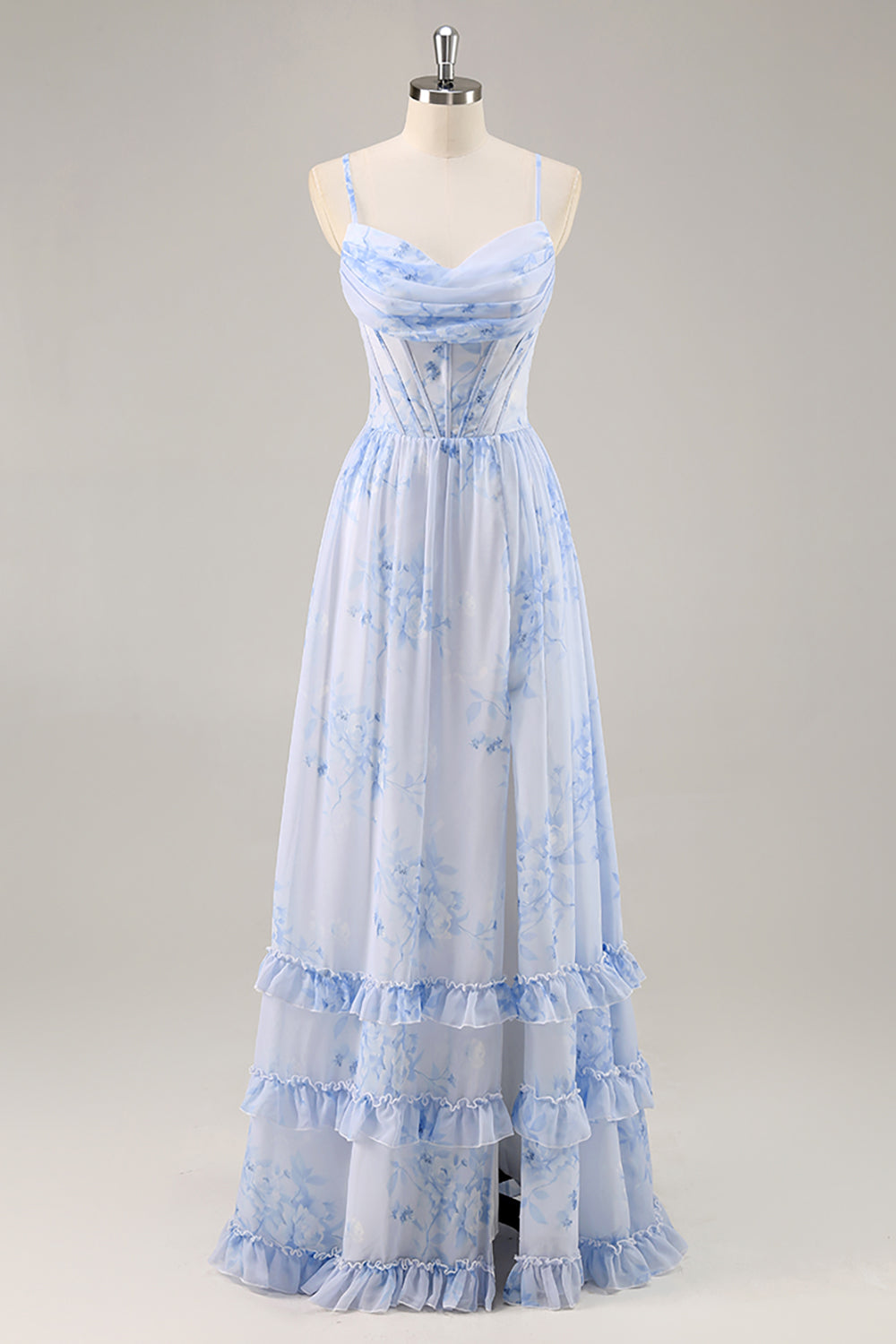 Blue Floral A Line Spaghetti Straps Corset Chiffon Long Bridesmaid Dress with Slit