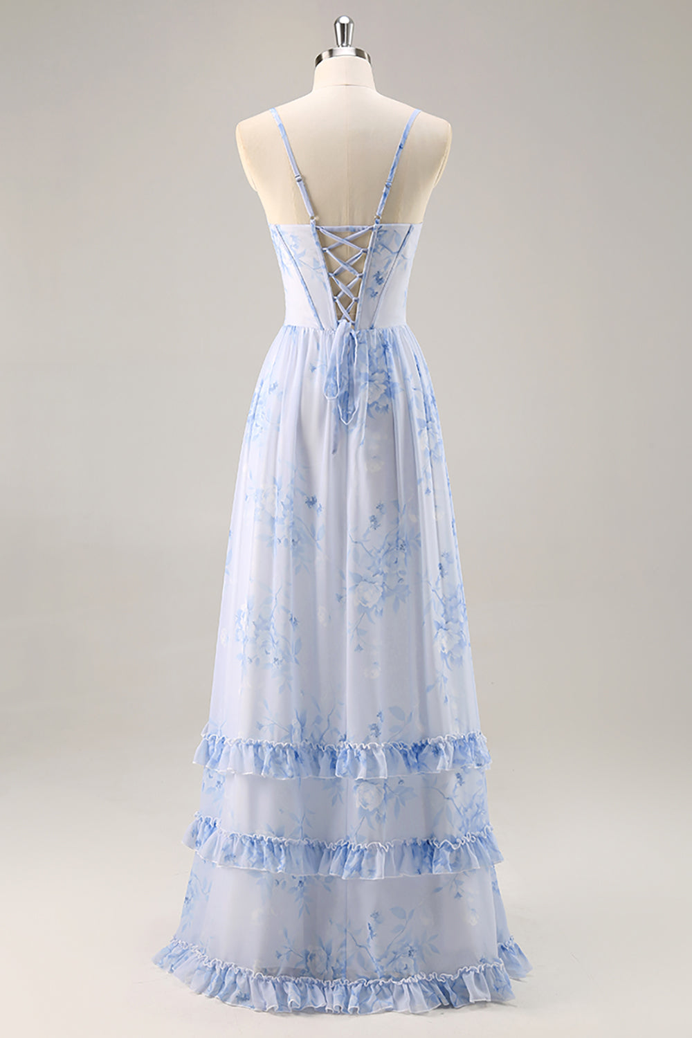 Blue Floral A Line Spaghetti Straps Corset Chiffon Long Bridesmaid Dress with Slit