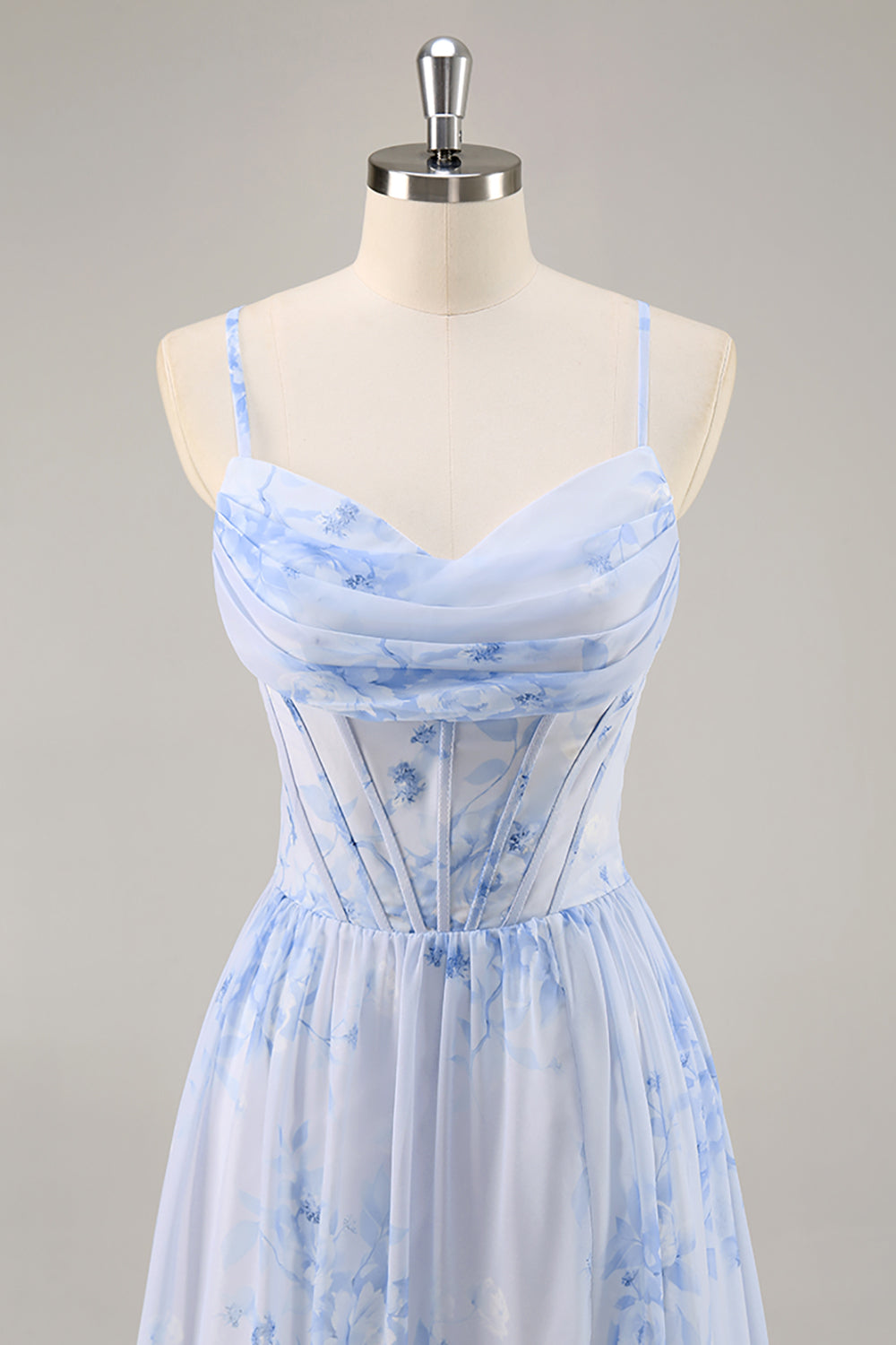 Blue Floral A Line Spaghetti Straps Corset Chiffon Long Bridesmaid Dress with Slit