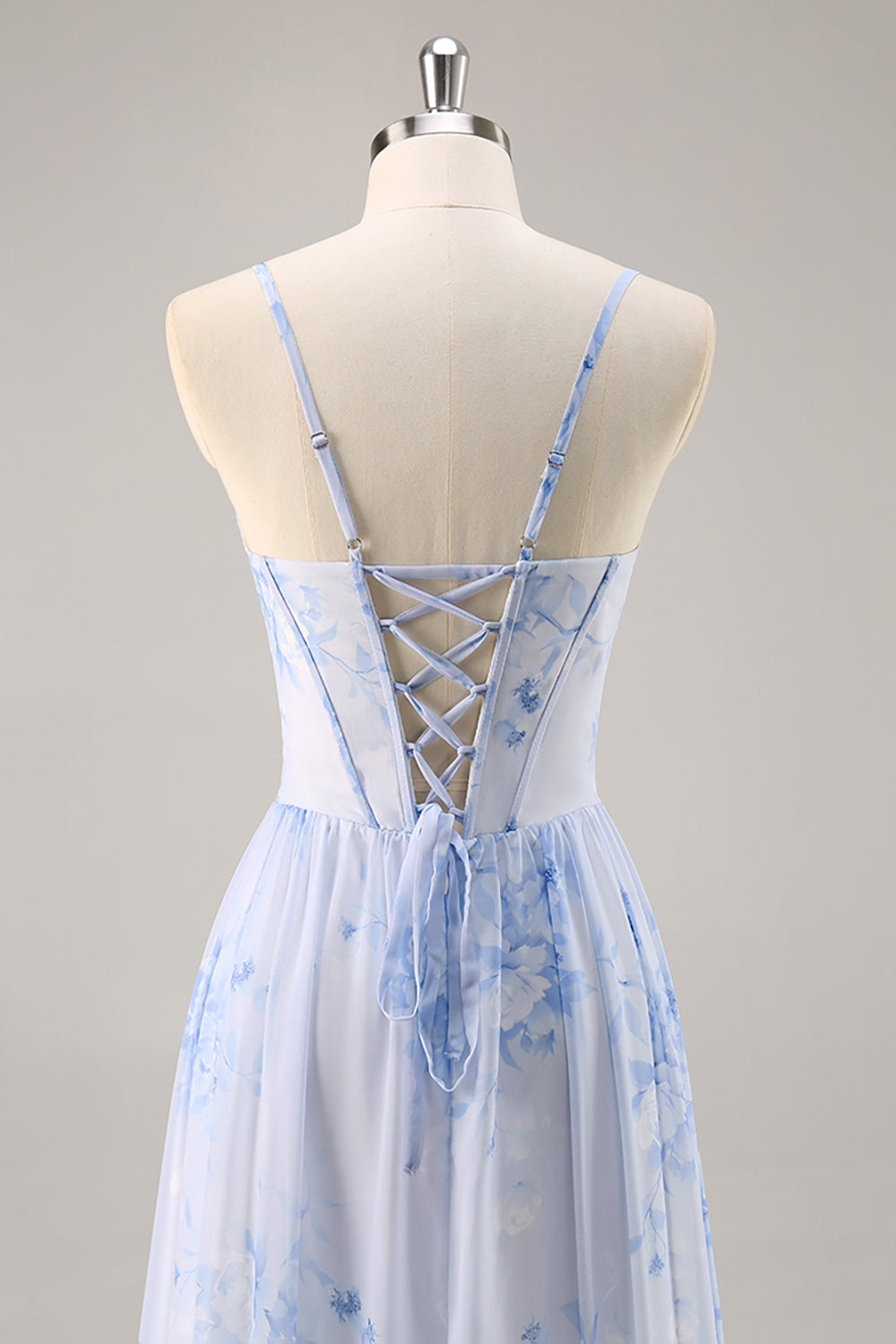 Blue Floral A Line Spaghetti Straps Corset Chiffon Long Bridesmaid Dress with Slit